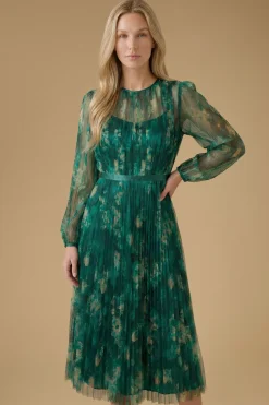 Robe Midi À Manches Ballon En Mesh Fleuri