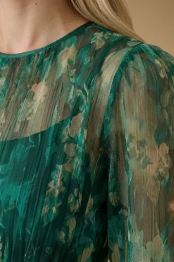 Robe Midi À Manches Ballon En Mesh Fleuri