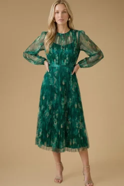 Robe Midi À Manches Ballon En Mesh Fleuri