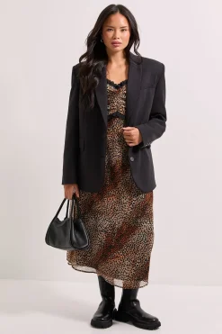 Robe Midi à Manches Bouffantes avec Imprimé Animalier et Finitions en Dentelle