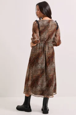 Robe Midi à Manches Bouffantes avec Imprimé Animalier et Finitions en Dentelle