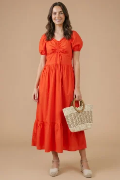 Robe Midi À Manches Bouffantes Avec Nœud Devant