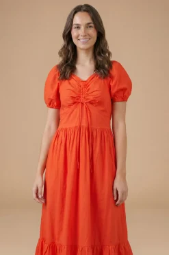 Robe Midi À Manches Bouffantes Avec Nœud Devant