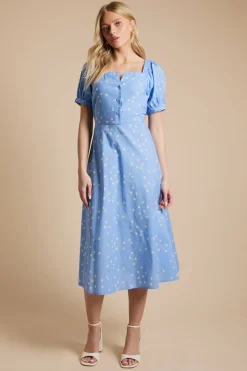 Robe Midi À Manches Bouffantes Avec Imprimé À Pois Et Détail Boutonné