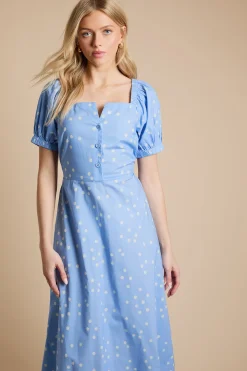 Robe Midi À Manches Bouffantes Avec Imprimé À Pois Et Détail Boutonné