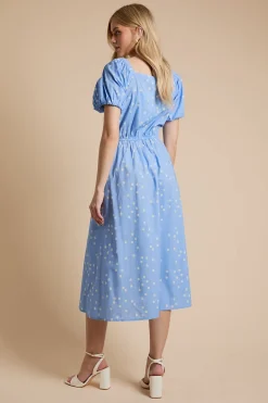 Robe Midi À Manches Bouffantes Avec Imprimé À Pois Et Détail Boutonné