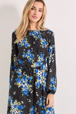 Robe Midi à Manches Bouffantes avec Détail Volant à la Taille et Imprimé Floral à Pois