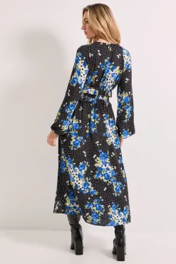 Robe Midi à Manches Bouffantes avec Détail Volant à la Taille et Imprimé Floral à Pois