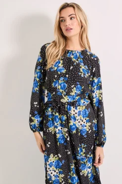 Robe Midi à Manches Bouffantes avec Détail Volant à la Taille et Imprimé Floral à Pois