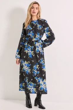 Robe Midi à Manches Bouffantes avec Détail Volant à la Taille et Imprimé Floral à Pois
