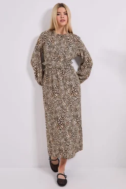 Robe Midi à Manches Bouffantes et Détail Volant à la Taille Imprimé Animal