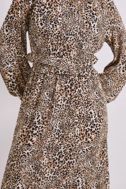 Robe Midi à Manches Bouffantes et Détail Volant à la Taille Imprimé Animal