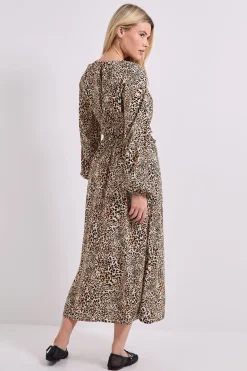 Robe Midi à Manches Bouffantes et Détail Volant à la Taille Imprimé Animal