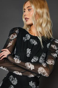 Robe Midi à Manches Bouffantes en Maille Florale Mono
