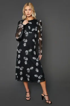 Robe Midi à Manches Bouffantes en Maille Florale Mono