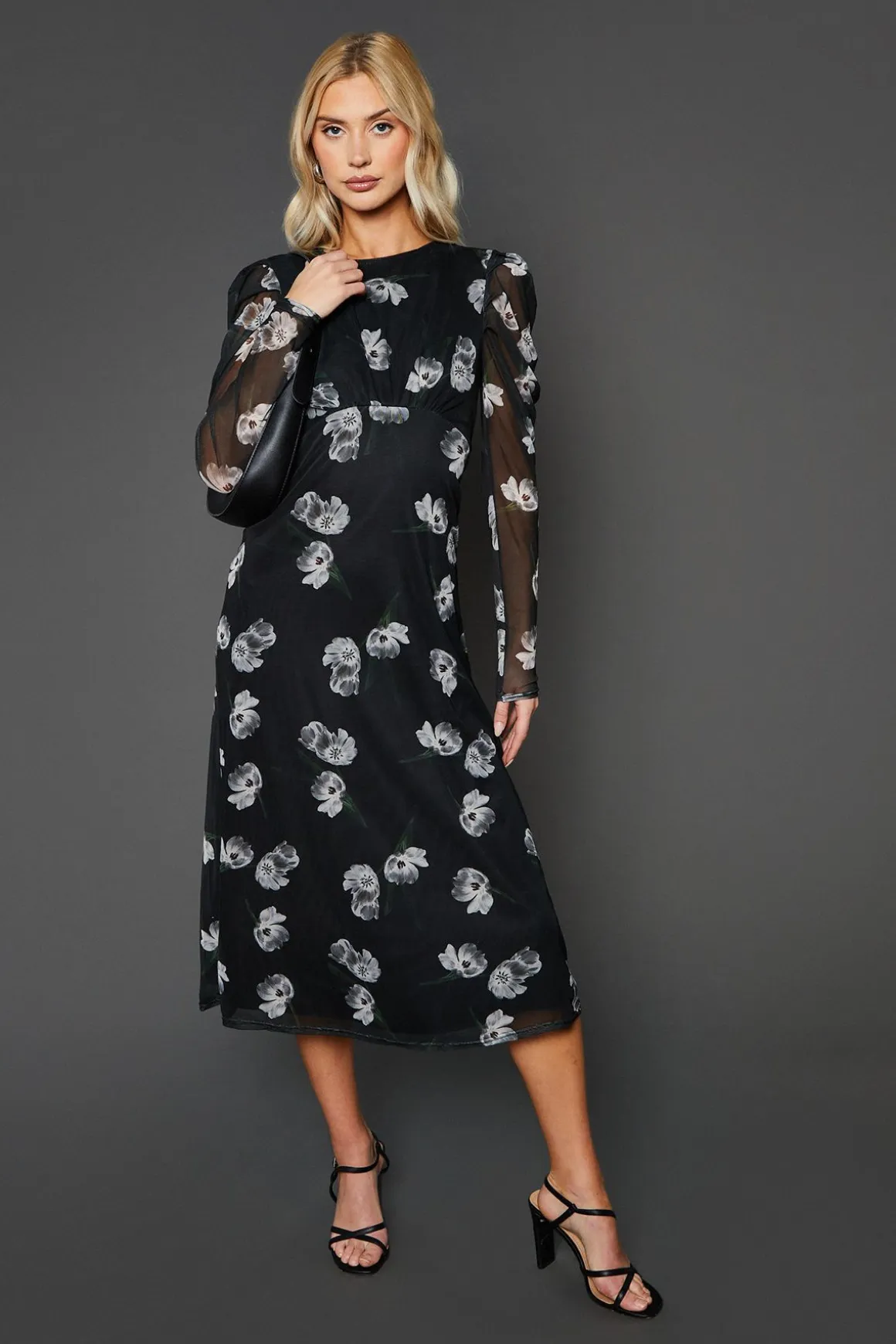 Robe Midi à Manches Bouffantes en Maille Florale Mono