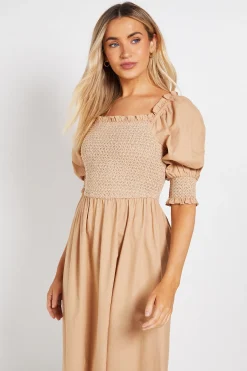 Dorothy Perkins Robe Midi À Manches Bouffantes Avec Corsage Smocké À Surpiqûres Contrastantes<Femme Robes|Robes Mi-Longues