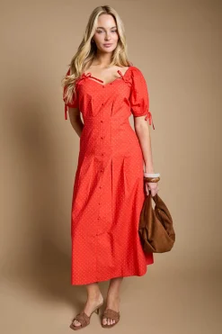 Robe Midi À Manches Bouffantes Avec Détails De Boutons Et Plis