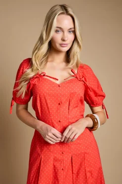 Robe Midi À Manches Bouffantes Avec Détails De Boutons Et Plis