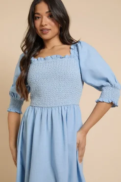 Dorothy Perkins Robe Midi À Manches Bouffantes Avec Corsage Froncé Et Coutures Contrastées Petite<Femme Robes|Robes Mi-Longues