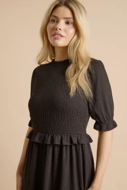 Robe Midi à Manches Bouffantes avec Corsage Froncé et Basque