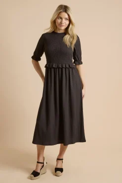 Robe Midi à Manches Bouffantes avec Corsage Froncé et Basque