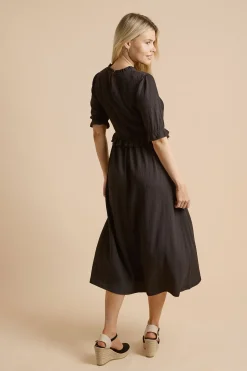 Robe Midi à Manches Bouffantes avec Corsage Froncé et Basque