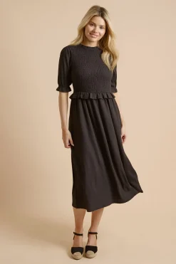 Robe Midi à Manches Bouffantes avec Corsage Froncé et Basque
