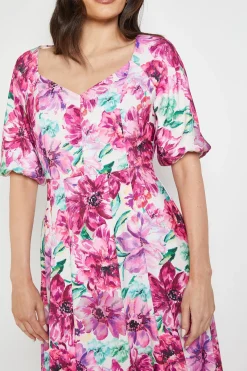 Wallis Robe Midi À Manches Bouffantes En Sergé Ottoman À Motif Floral<Femme Toutes Les Robes|Robes Mi-Longues