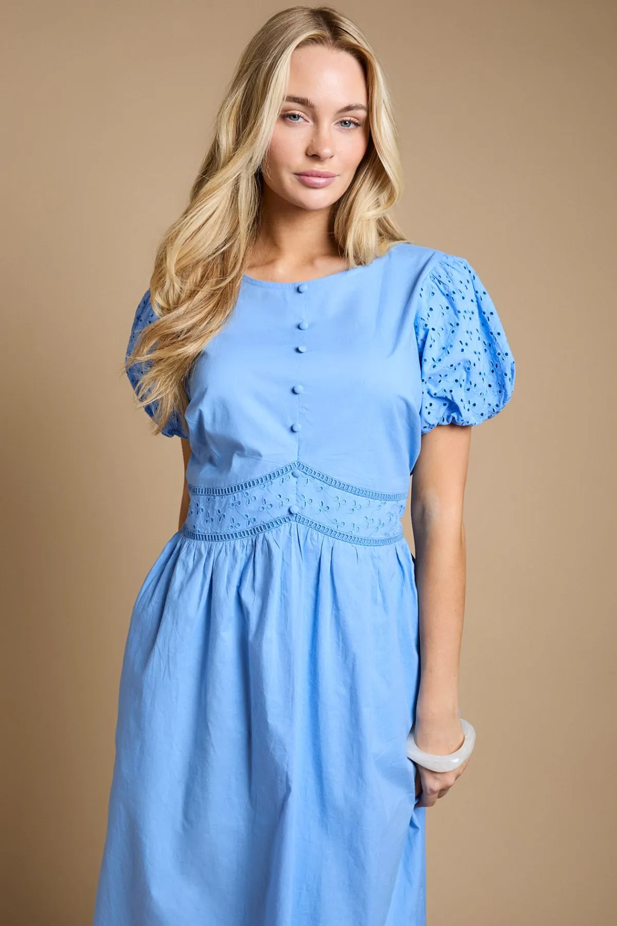 Dorothy Perkins Robe Midi À Manches Bouffantes Et Broderie Anglaise Avec Boutonnage Devant<Femme Toutes Les Robes|Robes Mi-Longues
