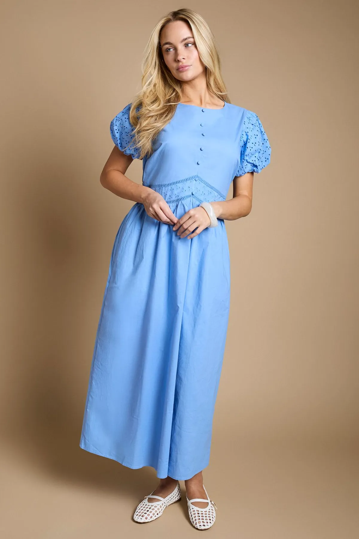Dorothy Perkins Robe Midi À Manches Bouffantes Et Broderie Anglaise Avec Boutonnage Devant<Femme Toutes Les Robes|Robes Mi-Longues