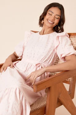 Dorothy Perkins Robe Midi à Manches Bouffantes à Volants avec Broderie Ajourée<Femme Robes|Robes Mi-Longues