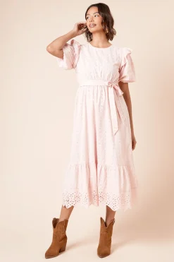 Dorothy Perkins Robe Midi à Manches Bouffantes à Volants avec Broderie Ajourée<Femme Robes|Robes Mi-Longues