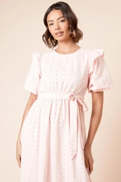 Dorothy Perkins Robe Midi à Manches Bouffantes à Volants avec Broderie Ajourée<Femme Robes|Robes Mi-Longues