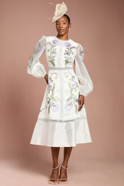 Robe Midi À Manches Bouffantes Brodée