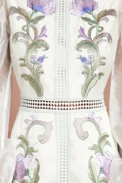 Robe Midi À Manches Bouffantes Brodée