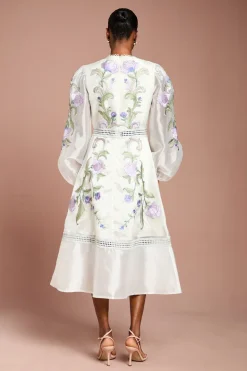 Robe Midi À Manches Bouffantes Brodée