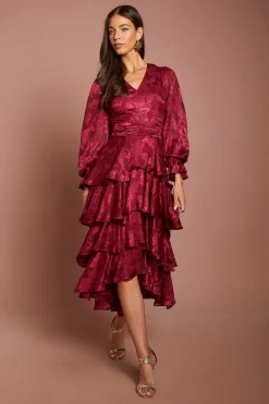 Robe Midi À Manches Bouffantes Étagées En Satin Jacquard