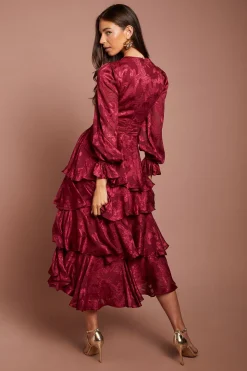 Robe Midi À Manches Bouffantes Étagées En Satin Jacquard