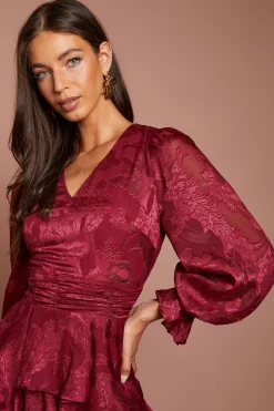Robe Midi À Manches Bouffantes Étagées En Satin Jacquard