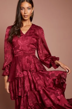 Robe Midi À Manches Bouffantes Étagées En Satin Jacquard