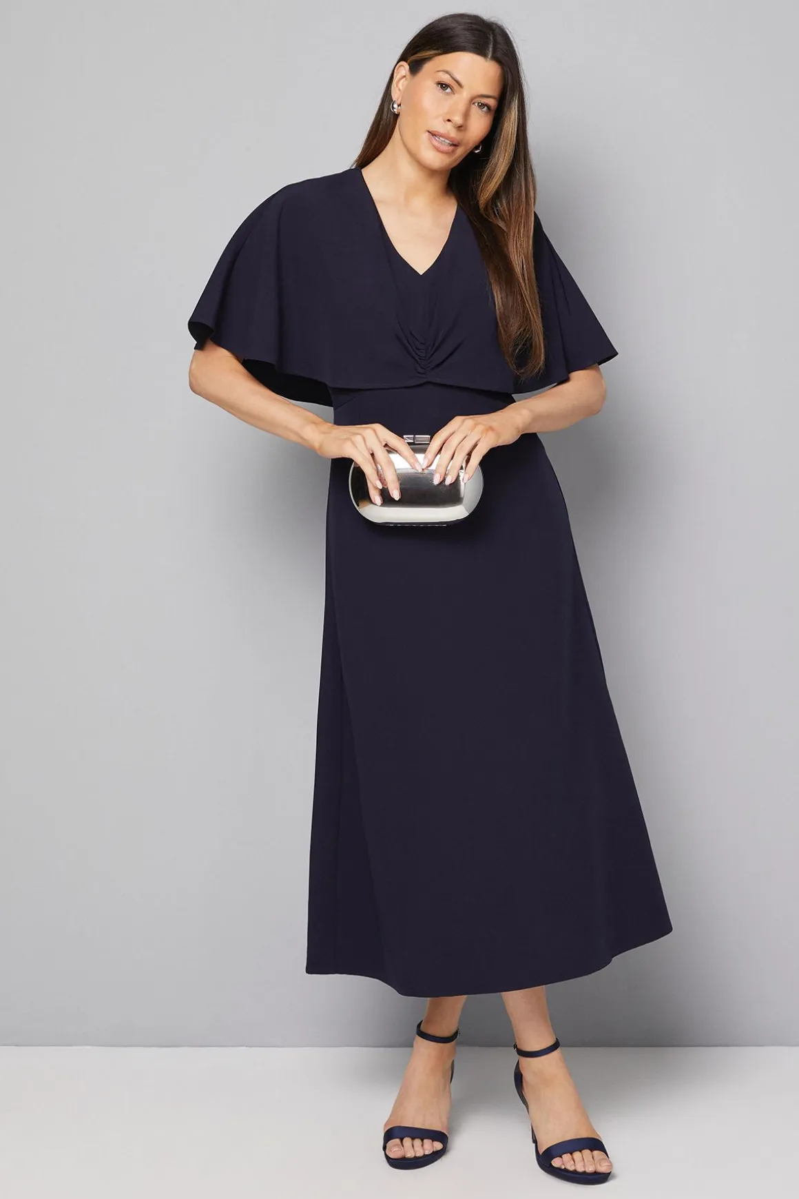 Robe Midi à Manches Cape et Détail Torsadé Devant