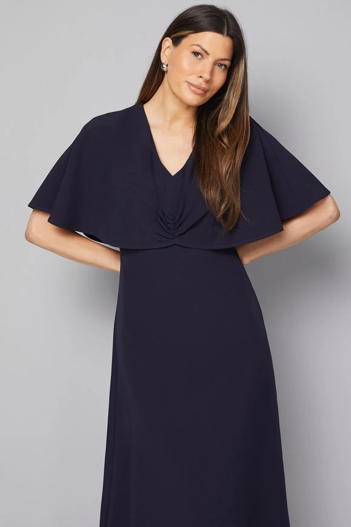 Robe Midi à Manches Cape et Détail Torsadé Devant