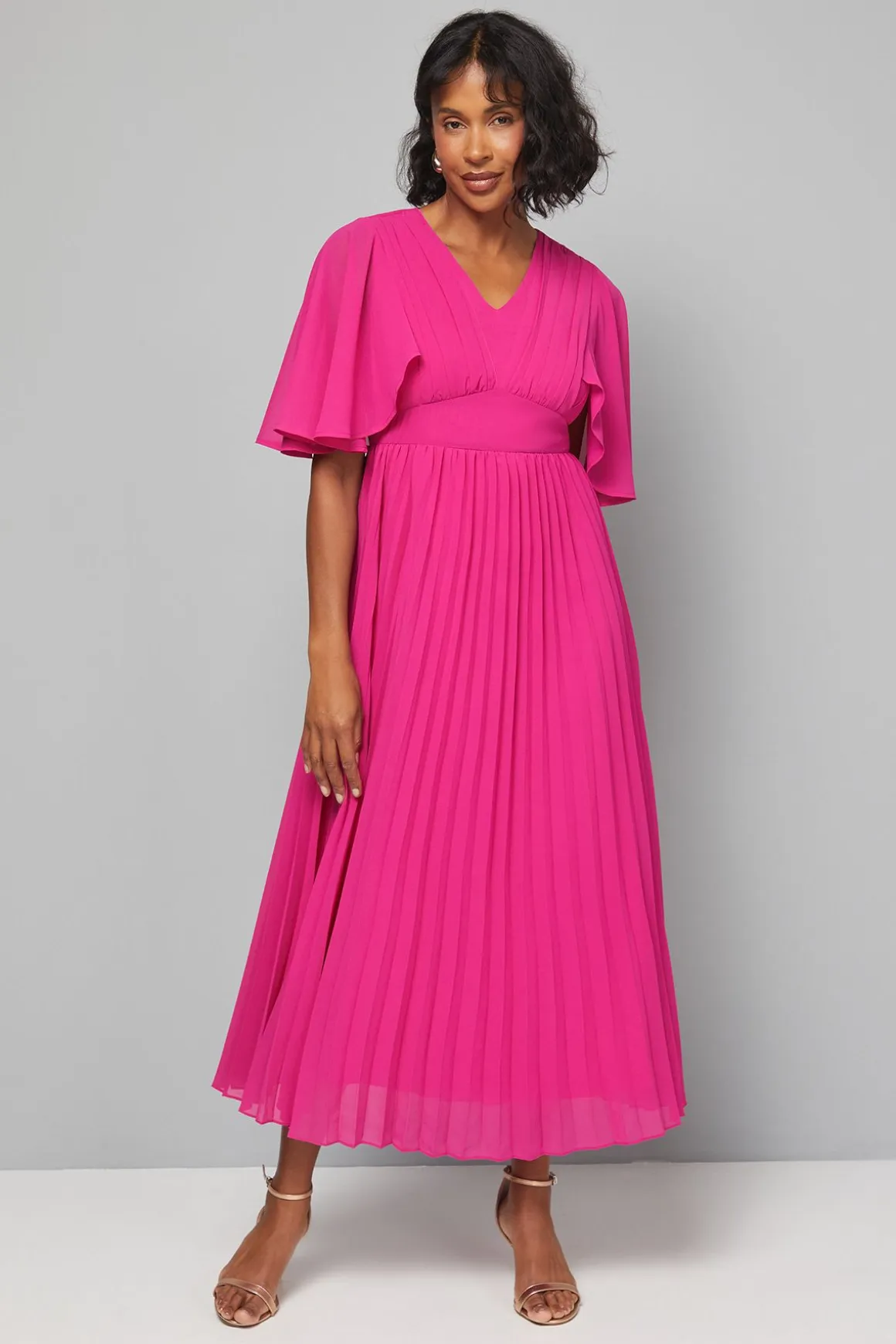 Robe Midi à Manches Cape Plissée
