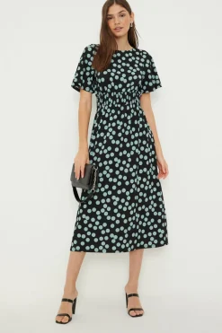 Robe Midi À Manches Courtes Avec Taille Froncée À Pois