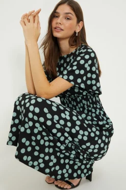 Robe Midi À Manches Courtes Avec Taille Froncée À Pois