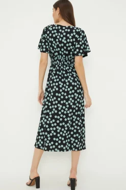 Robe Midi À Manches Courtes Avec Taille Froncée À Pois