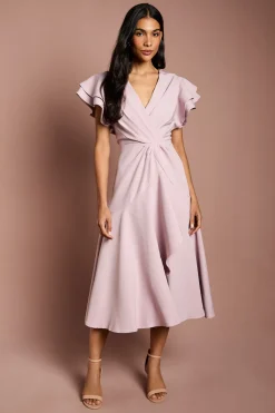 Robe Midi à Manches Courtes Col V et Devant Croisé