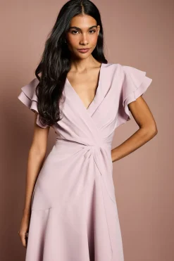 Robe Midi à Manches Courtes Col V et Devant Croisé