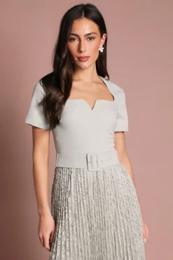 Robe Midi À Manches Courtes En Crêpe Avec Jupe Plissée En Dentelle